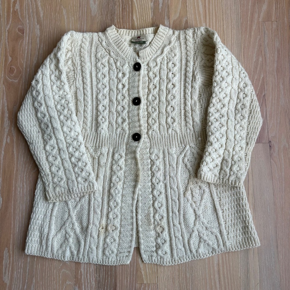 Carraig Donn Irish A Line Cardigan Sweater Fisherman Coastal Aran Preppy  L